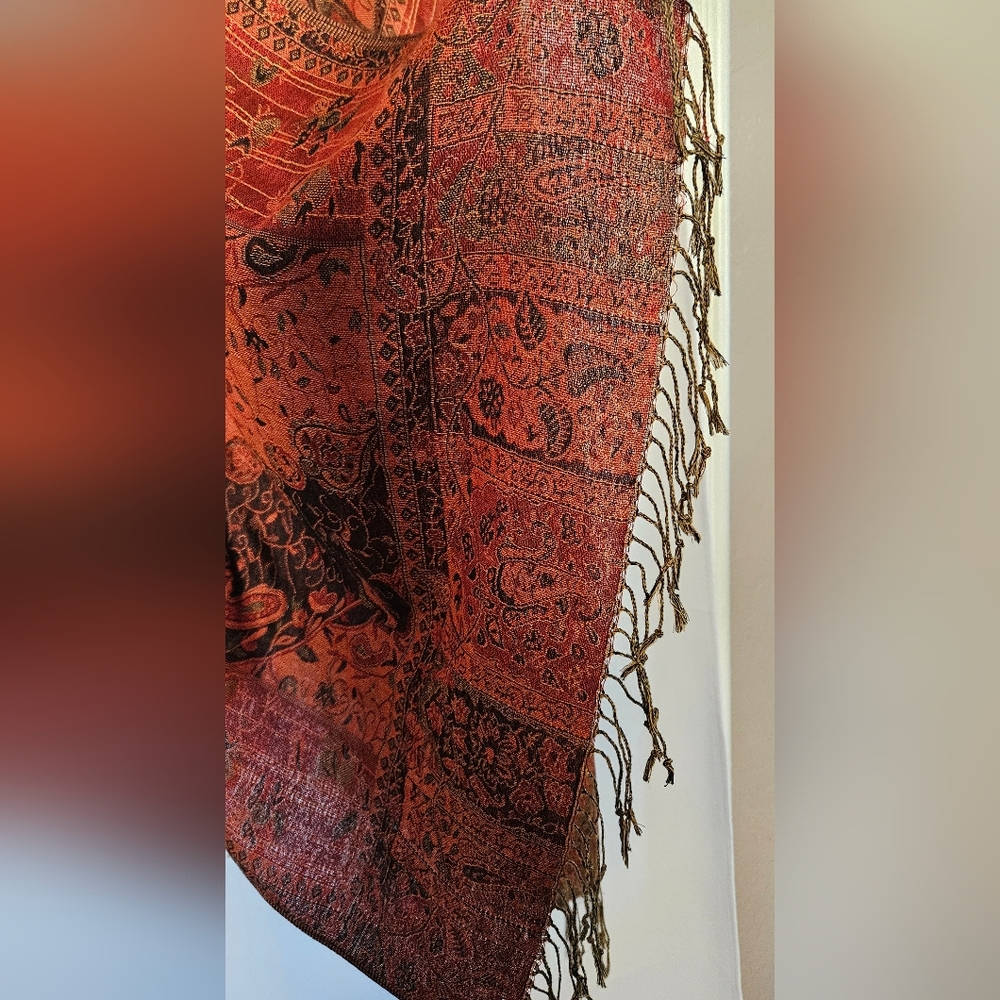 Pashmina Orange Floral And Paisley Fringed‎ Pashmina Silk Shawl Scarf - Picture 6 of 7
